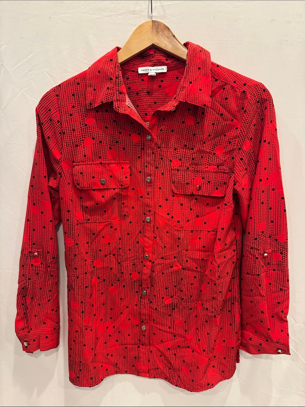 Notations Red Button-Down Shirt with Black Dot Pattern